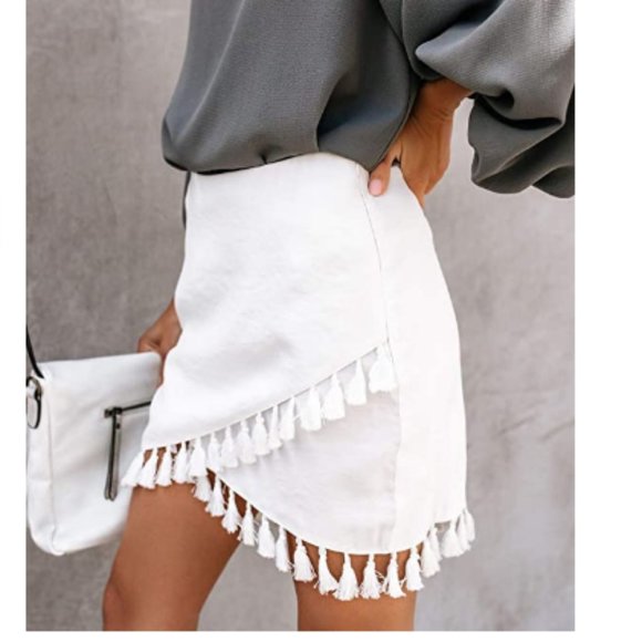 Womens High Waist Wrap Front Tassel Hem Mini Skirt - Picture 5 of 6